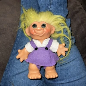 Vintage Thomas Dam Troll Bank w/ Yellow Hair & Purple Dress 7 " Tall - Picture 1 of 6