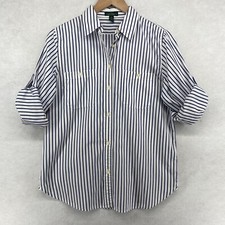 LAUREN JEANS RALPH LAUREN Shirt Womens M Cotton Button Up Striped Roll Tab Blue