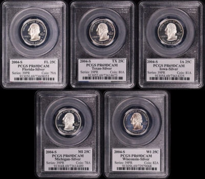 2004-S FL, TX, IA, MI, & WI Silver State Quarter 5 Coin Set PCGS PR-69 DCAM - Image 1 of 2