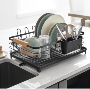 Modern Dish Rack With Utensil Caddy And Glassware Holder, Black - Picture 1 of 7