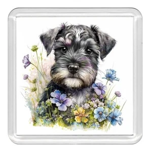 Schnauzer Blue Flowers Dog Acrylic Coaster Novelty Drink Cup Mat Great Gift - Picture 1 of 1