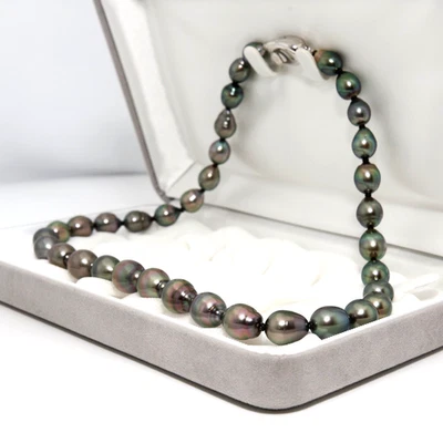 Collana di perle di Tahiti barocche verde-viola 8,1-11 mm chiusura in argento... - Immagine 1 di 4