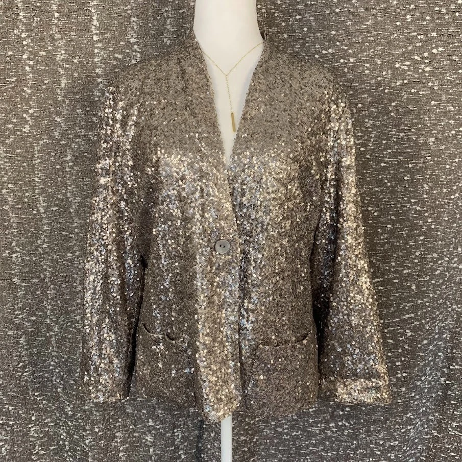 Chico's блестки Серебряный блейзер куртка с подкладкой карманы опрятный вечеринки праздник женщин 2 - Изображение 1 из 4