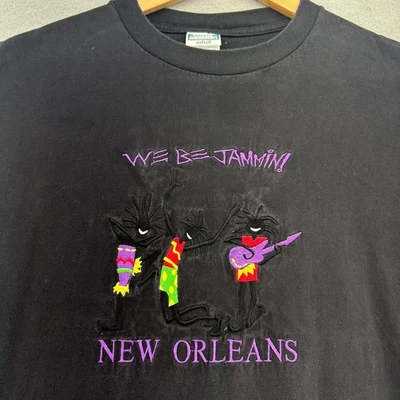 90's New Orleans We Be Jammin' Graphic Tee Black Embroidered Men's XL Mardi Gras - Image 1 of 4