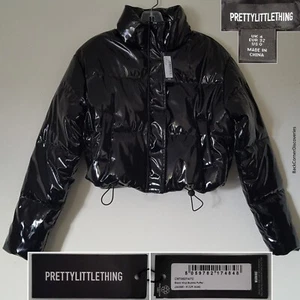 NWT PrettyLittleThing SIZE 0 Glossy Black Vinyl Cropped Zip Bubble Puffer Jacket - Picture 1 of 18
