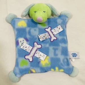 Taggies Puppy Dog Blanket Mary Meyer Satin Bones Blue Fleece Green Tags Tabs - Picture 1 of 6