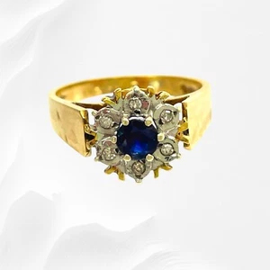 Anillo con racimo de oro vintage de zafiro (.35 quilates) diamantes (.20) M1/2, 3.26 gms, 1977 - Imagen 1 de 7