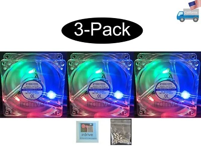 3-Pack: NEW Evercool Crystal 80mm x 35mm Multi-Color LED PC Case Cooling Fan Lot - Image 1 of 4