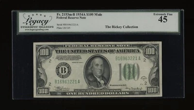 DBR 1934-A $100 FRN New York Mule Fr. 2153-Bm Legacy 45 Serial B16963221A - Image 1 of 2