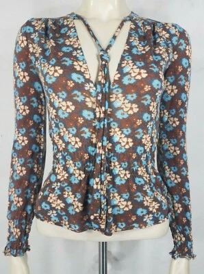 Free People 棕色蓝色花卉 V 领缩褶腰针织衬衫女士 XS X 小号 — 第 1/4 张图片