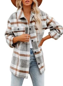 Women's Flannel Plaid Shacket Long Sleeve Button Down Shirts Jacket Coats wit... - Picture 1 of 6