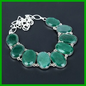 925 Sterling Silber Oval Sambischer Smaragd Stein Kette Frau Geschenk Handarbeit Halskette - Bild 1 von 6