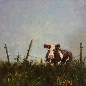 Сow in field Miniature oil painting Сow in art landscape Farm rural painting - Picture 1 of 9