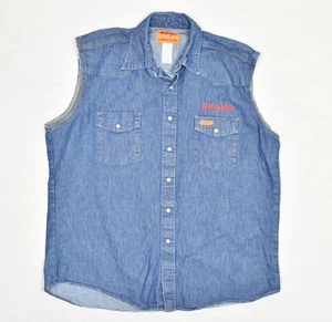 VTG Wrangler Flame Resistant Men Pearl Snap Shirt Sleeveless Denim Blue XLT Logo - Picture 1 of 8
