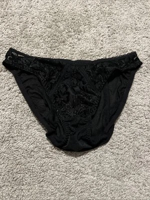 复古 Victoria's Secret 80 年代黑色缎面 + 蕾丝内裤金色标签尺寸 L — 第 1/4 张图片