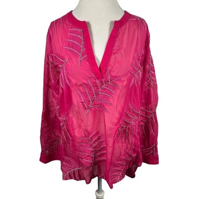 Blusa Sharon Young Rosa Fucsia Semi Transparente Hojas Bordadas Relajada Talla L Foto 1 de 4