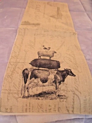 NEW Tan Burlap FARMHOUSE ANIMAL TABLE RUNNER Cow Pig Sheep Rooster 13" X 72"  - Image 1 of 4