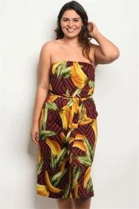 Womens Plus Size Burgundy and Yellow Capri Jumpsuit 2X Strapless - Picture 1 of 2