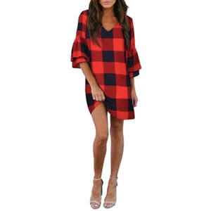 BELONGSCI Women's Dress Sweet & Cute V-Neck Bell Sleeve Shift Dress Mini Dress - Picture 1 of 10