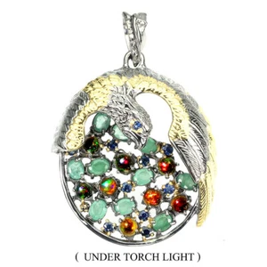 925 Sterling Silver Pendant Emerald Black Opal Sapphire Handmade Eagle Gemstone - Picture 1 of 9
