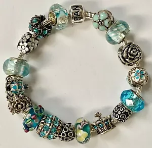 ❤️ Pandora SILVER CHARM Bracelet with European Aqua BEADS NEW 8.3 in. Lovely ❤️ - Picture 1 of 5