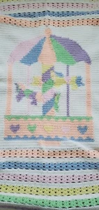 Baby Carousel Horse Pastel Knitted Crocheted Afghan Blanket Blue Pink Purple - Picture 1 of 9