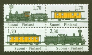 Finland Sc# 755a-d, Locomotives & Mail Cars, Block of 4, No Faults, SCV: $10.00 - Picture 1 of 2