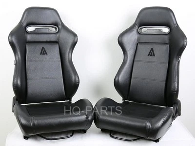 2 ASIENTOS DE CARRERAS DE CUERO PVC NEGRO TANAKA RECLINABLES + DESLIZADORES APTOS PARA HONDA * Foto 1 de 4