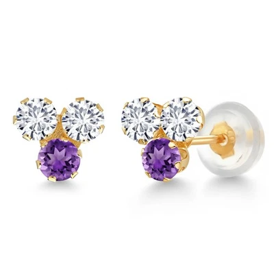 14K Yellow Gold White Lab Grown Diamond and Amethyst Three Stone Stud Earrings - Image 1 of 4