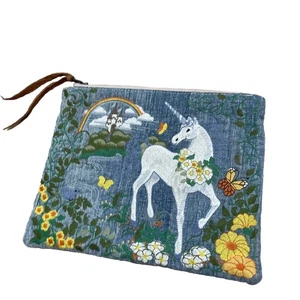 TOTEM Tasche Vintage Leder Einhorn Blumen bestickt Denim Fee Boho Reißverschluss Handtasche - Bild 1 von 23