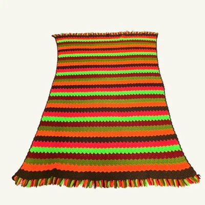 Manta afgana de ganchillo vintage rayas hechas a mano estilo boho flecos acogedora Foto 1 de 4