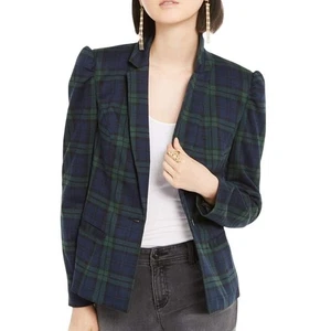 INC Green Blue Plaid Puff Sleeve Blazer MEDIUM Prep Preppy School Girl Academia - Picture 1 of 8