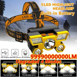 Super Bright Head Torch Headlight LED USB Rechargeable Headlamp Fish 990000LM - Picture 1 of 12