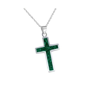Sterling Silver 925 Green Malachite Cross Handmade Pendant Necklace 20'' Chain - Picture 1 of 9