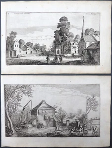 2 GRABADOS VISTA PUEBLO CON TORRE DE IGLESIA VIDA RURAL PROPIEDAD CAMPESINA VELDE 1620 - Imagen 1 de 3