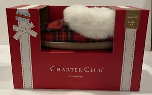 CHARTER CLUB Womens Red Tartan Plaid Faux Fur Memory Foam Slippers Small 5-6