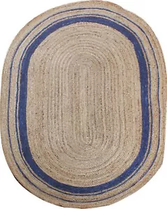Oval Jute Rug Farmhouse Seagrass Rug Handmade Area Floor Jute Carpet- Beige+Blue - Picture 1 of 3