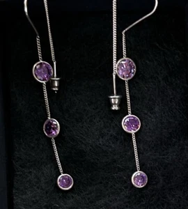 Amethyst Cut Stone Dangle Earrings. Italy (.925) Sterling Silver Jewelry. - Picture 1 of 10
