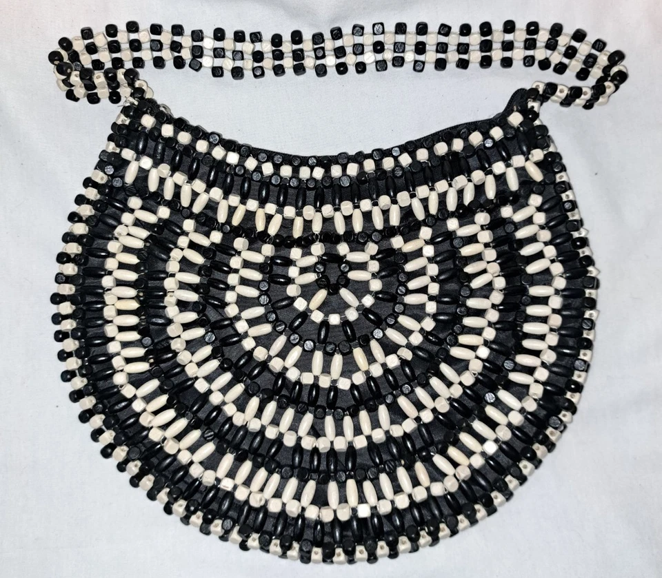 Cato Wooden Blk & Wht Beaded Boho Shoulder Bag  - Image 1 of 2