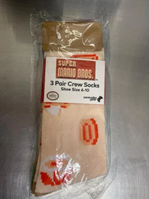 Super Mario Bros. Contoller Gear - 3 Pair Crew Socks (Size 6-10) NEW - Image 1 of 2