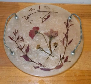 Vintage MCM Round Lucite Tray Pressed Dries Flowers Wrought Iron Handles - Picture 1 of 5