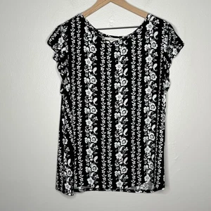 LOFT Womens Blouse XL Black White Floral Mixed Fabric Office Career Brunch - Picture 1 of 11