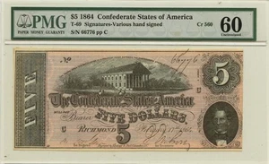 1864 $5 Confederate States FR# T-69 PMG UNC60 - Picture 1 of 2