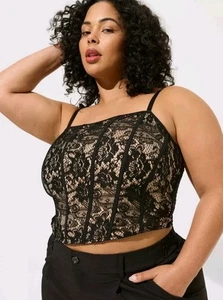 Torrid Bustier Top Women Vanity Sz 0 Corset Crop Lace Black Nude Boned Large 12 - Picture 1 of 11