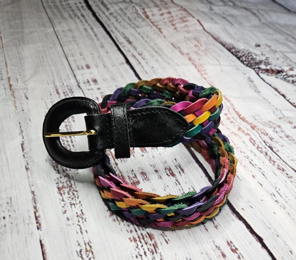 Vintage Chic Black Multicolor Braided Leather Belt Women’s 36” Boho Retro - Image 1 of 4