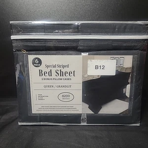 6-teiliges schwarz gestreiftes Bettlaken-Set mit 2 Bonus-Kissenbezügen tiefe Päckchen Serie 4200 - Bild 1 von 8