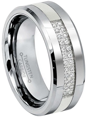 Alianza de boda de carburo de tungsteno acentuada con circonita cúbica para hombre, ajuste cómodo, B Foto 1 de 4