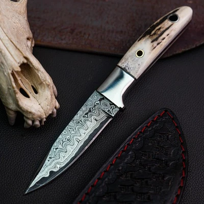 Wild Blades 7.7" Full Tang Hunting Knife Handmade EDC Damascus + Leather Sheath - Image 1 of 4