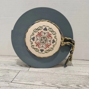 Handmade Embroidered Needlework Pincushion on Wooden Box Decor - Picture 1 of 6