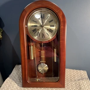 Vtg Waltham Large Cherry Wall Clock 31 Day Chime Casket Style 24” Works Korea - Picture 1 of 13